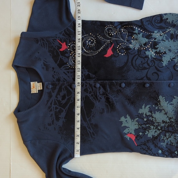 Vintage Artisans Cardinal Embellished Button Up Top SMALL Blue Red Pockets Birds - Picture 11 of 14